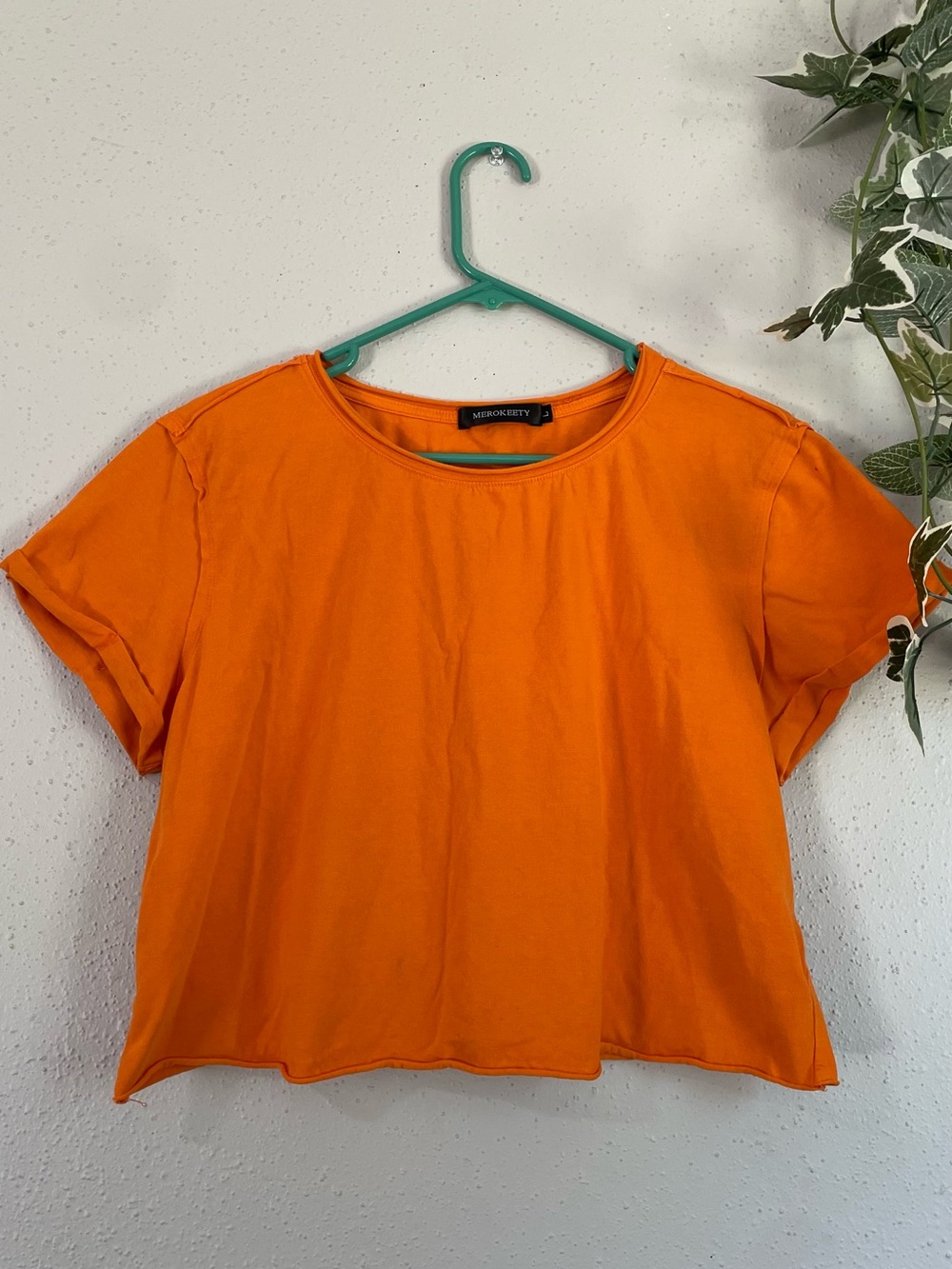 Merokeety Crop Top Naranja Boxy Manga Corta Casual Verano Talla L Flaw